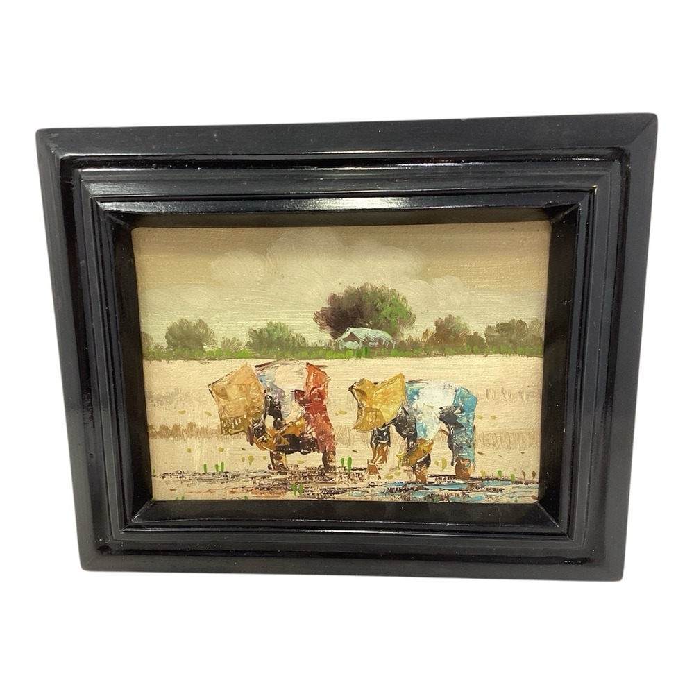 Vtg Impressionist Oil Painting Rice Pickers In Field 9.5"x7.5" Glossy Blk Frame